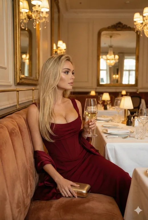 Elena in an elegant evening setting